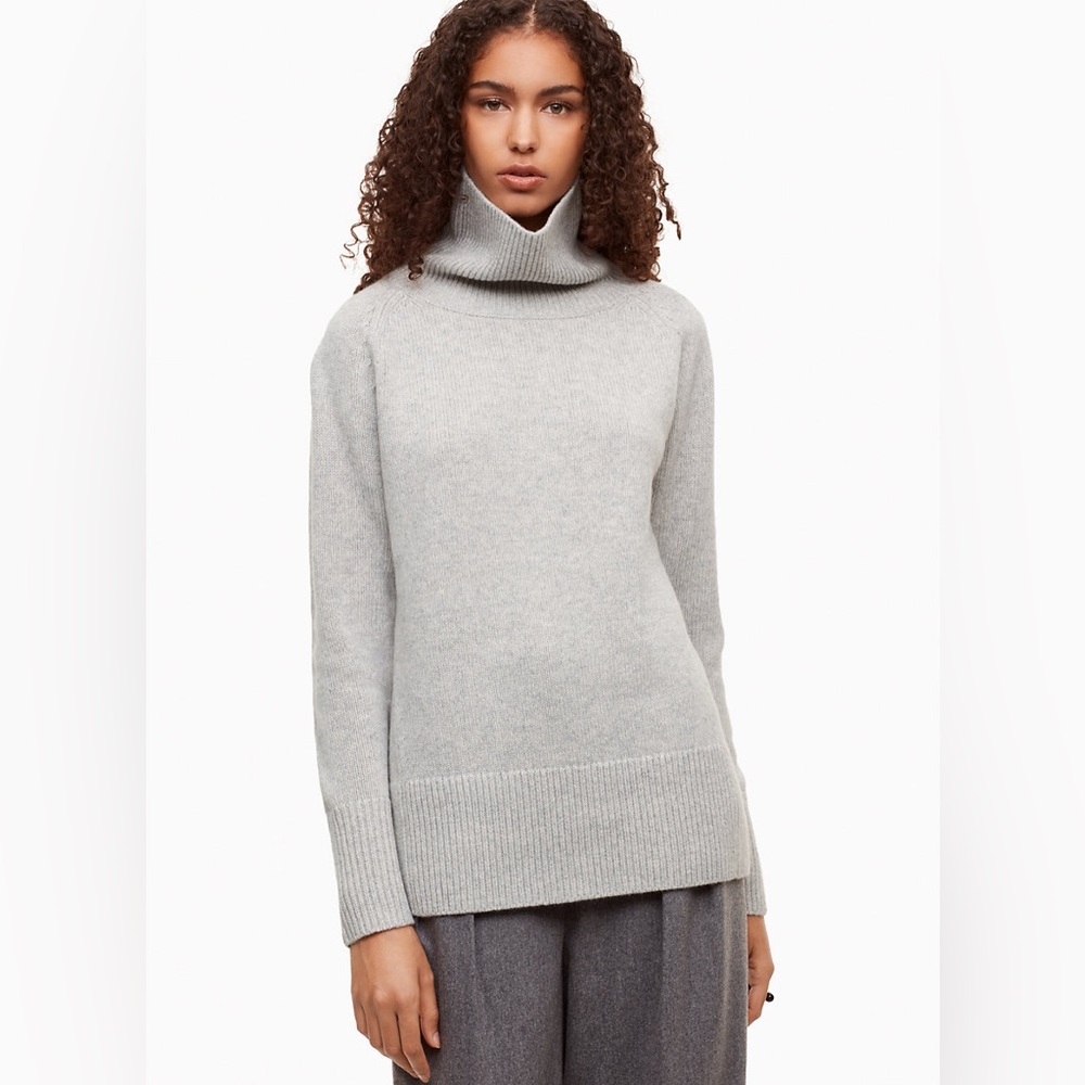 Aritzia Babaton Nicolas Wool Cashmere Longline Turtleneck Sweater Light Grey